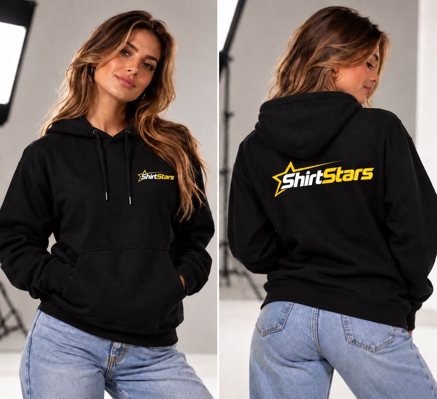 Schwarzer Hoodie mit ShirtStars-Logo vorne klein und hinten groß, getragen von einer Frau